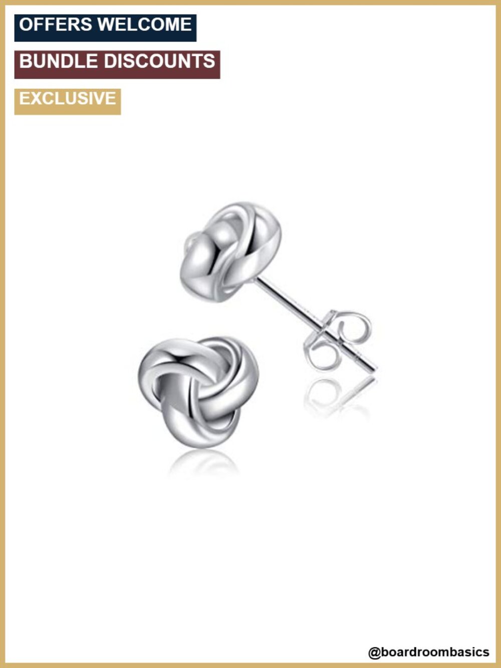 Love Knot Stud Earrings Gold Plated 925 Sterling Silver Tri-tone 8MM